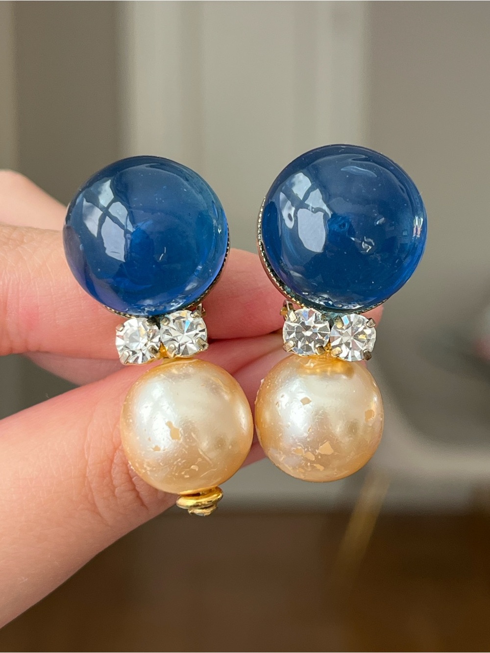 Vintage Philippe Ferrandis Blue Poured Glass Cabochon Pearl Drop Clip Earrings